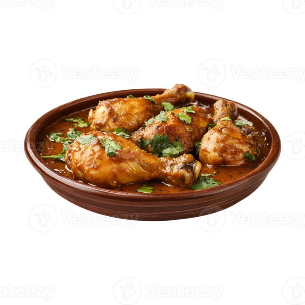 Chicken curry in a brown bowl with cilantro on a transparent background png