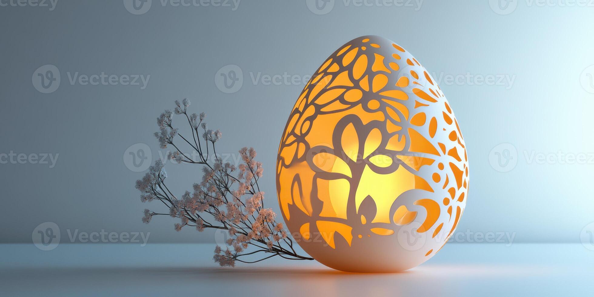 Decorative floral egg lamp with warm light illuminating intricate patterns beside delicate flowers photo