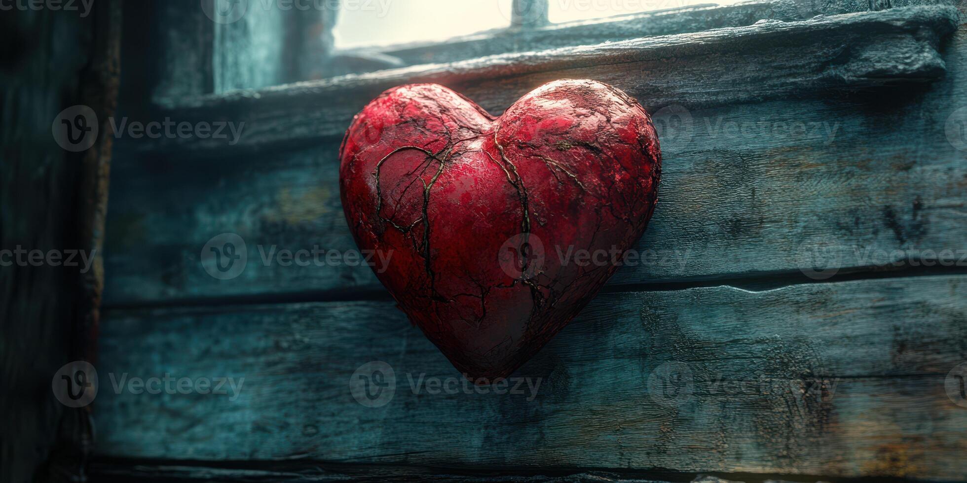 Red heart sculpture hanging on a rustic wooden wall in an atmospheric setting photo