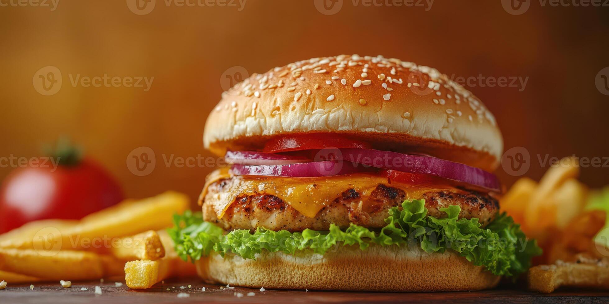 Juicy grilled chicken burger with fresh vegetables and crispy fries served in a casual dining setting photo
