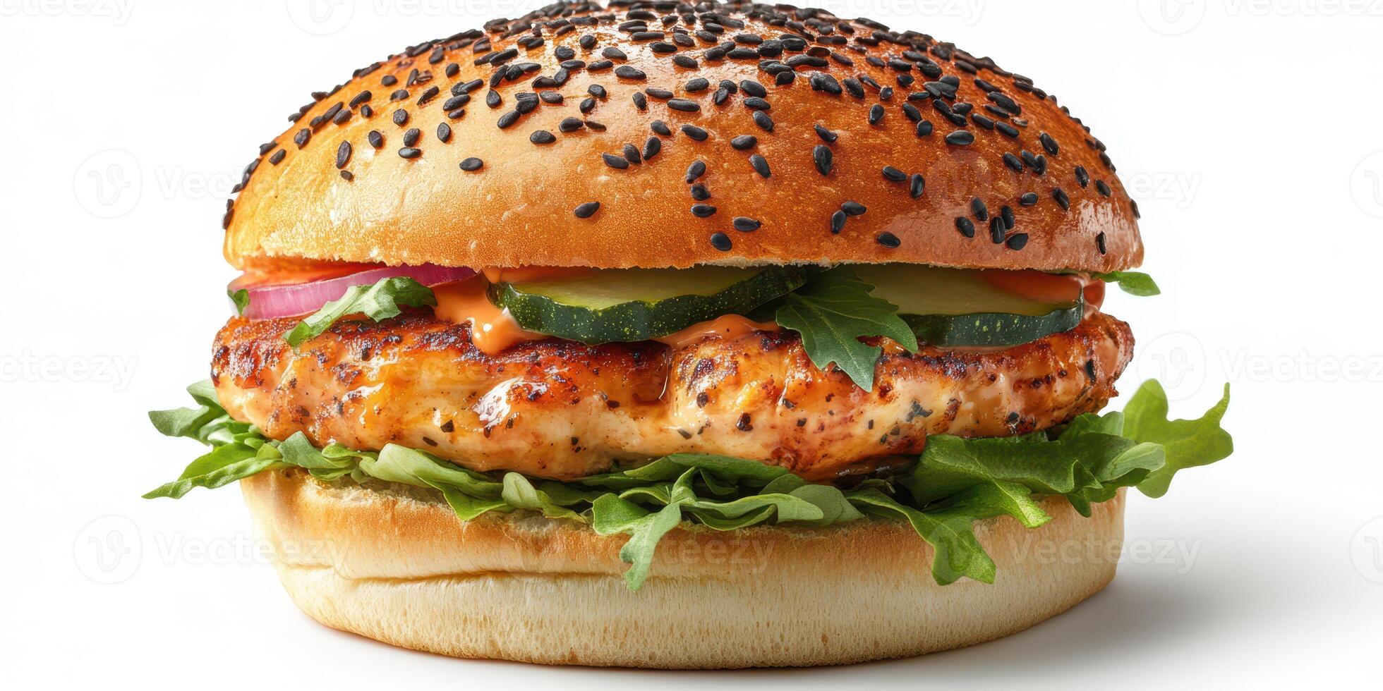 Delicious grilled salmon sandwich with fresh vegetables on a toasted sesame bun photo