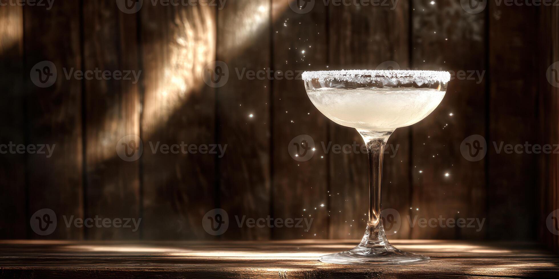 Refreshing margarita cocktail garnished with salt served on a wooden table in a warm and inviting setting photo
