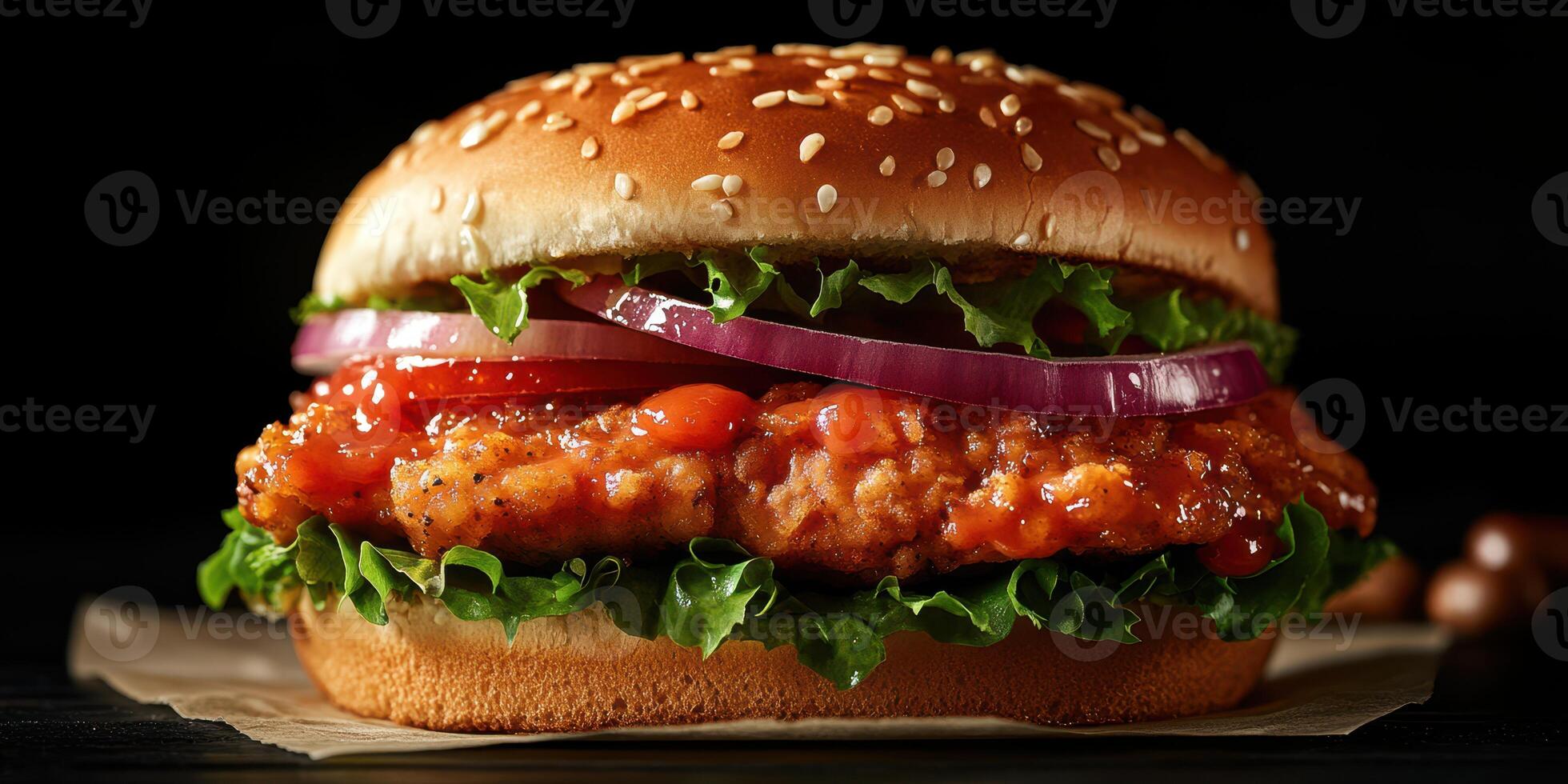 Juicy chicken sandwich with fresh vegetables served in a sesame seed bun on a dark background photo