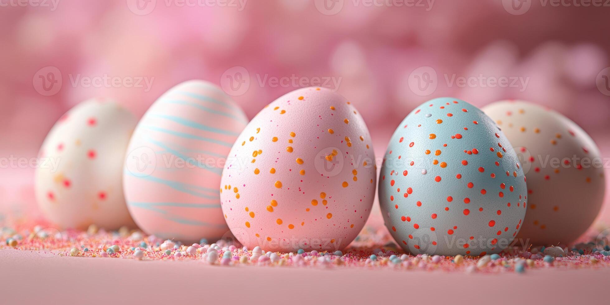 Colorful Easter eggs arranged on a festive surface in a playful spring setting with pastel hues photo