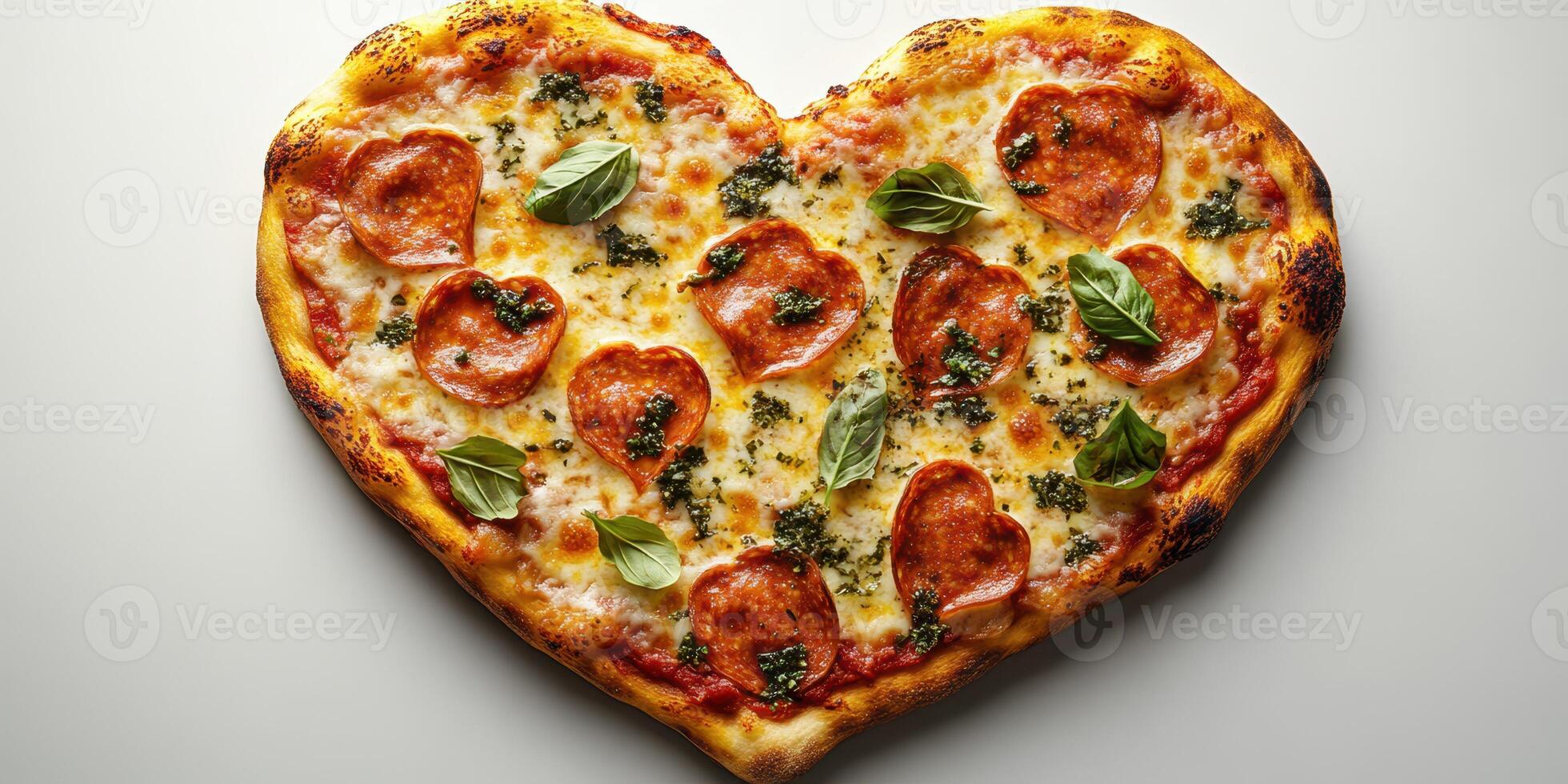 Heart-shaped pepperoni pizza with fresh basil on a white background ready for sharing on a special occasion photo