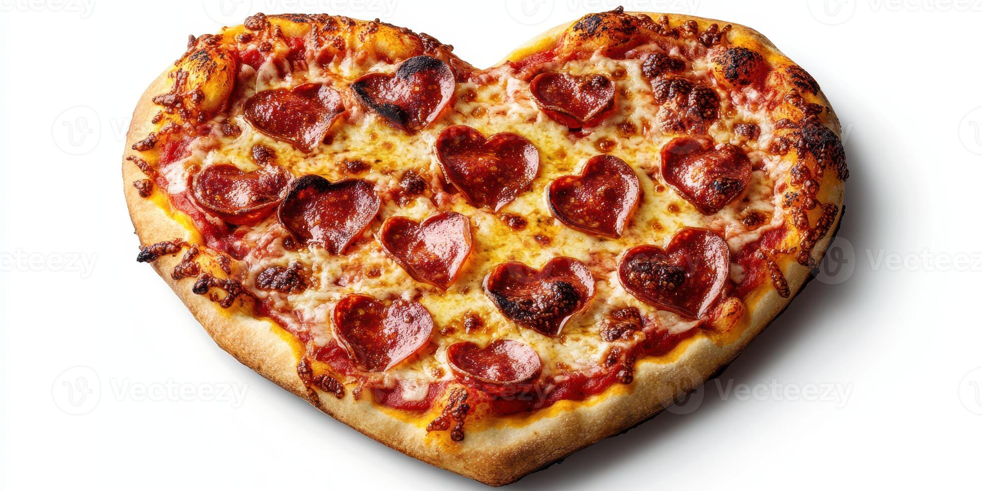 Heart-shaped pizza topped with pepperoni and cheese served on a white background for a festive occasion photo