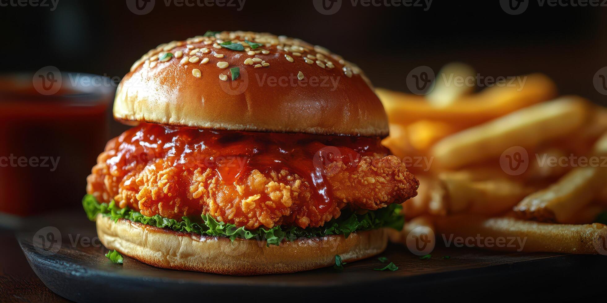 Crispy chicken sandwich served with fries and sauce, prepared in a cozy restaurant setting during dinner time photo