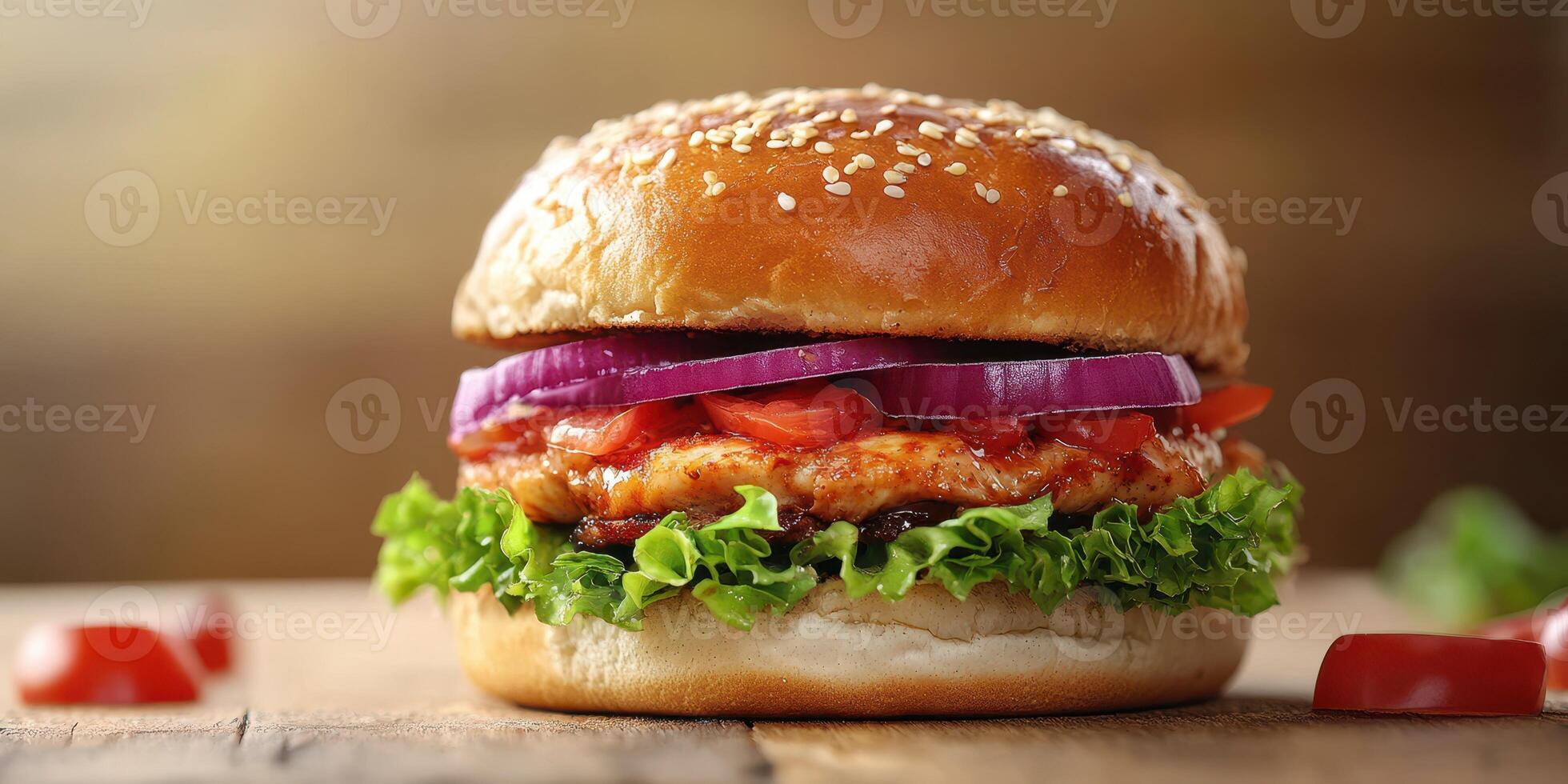 Delicious chicken burger with fresh ingredients served on a wooden table photo