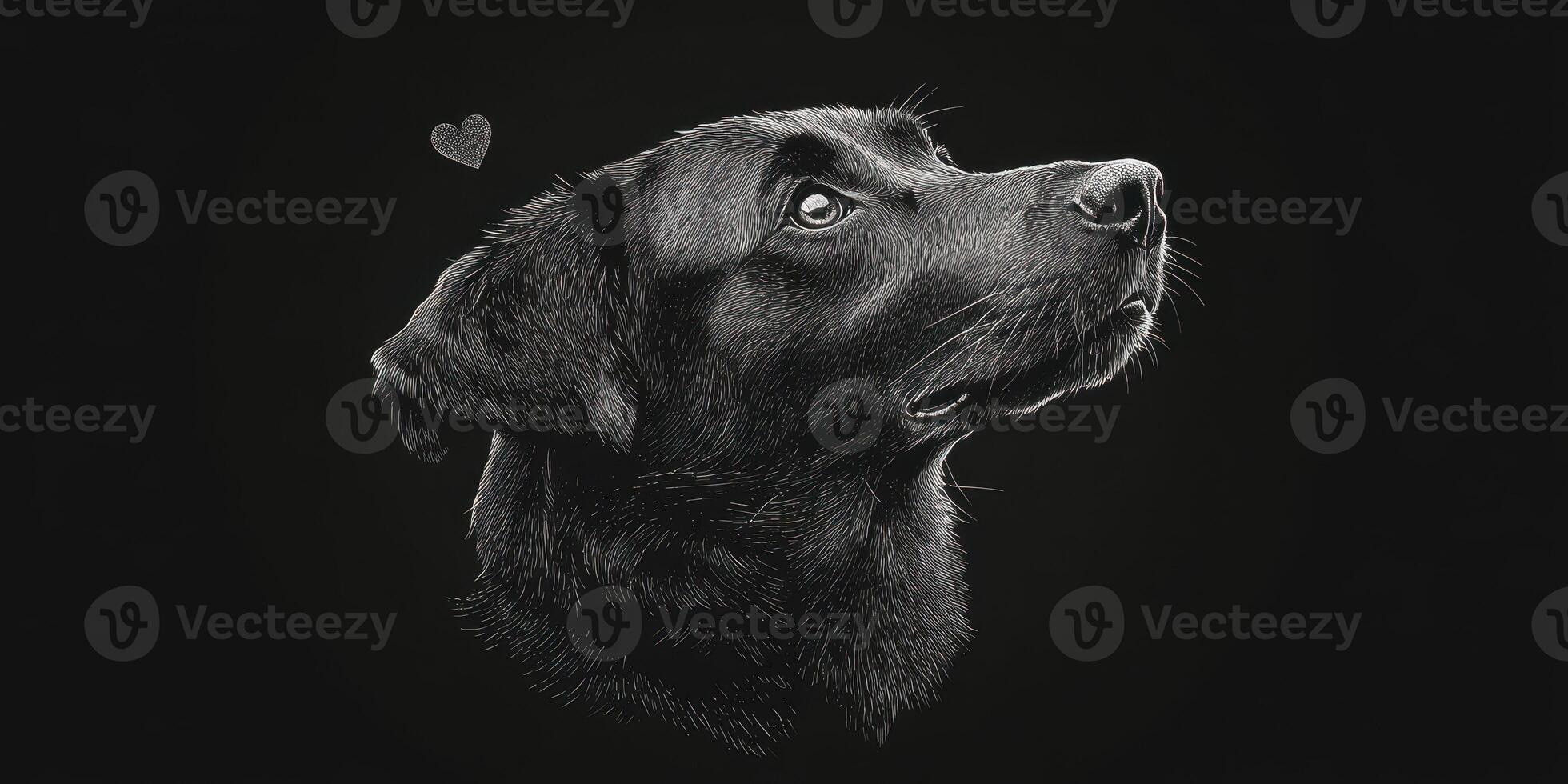 A detailed black and white illustration of a dog's head with a heart symbol above it expresses love and companionship photo