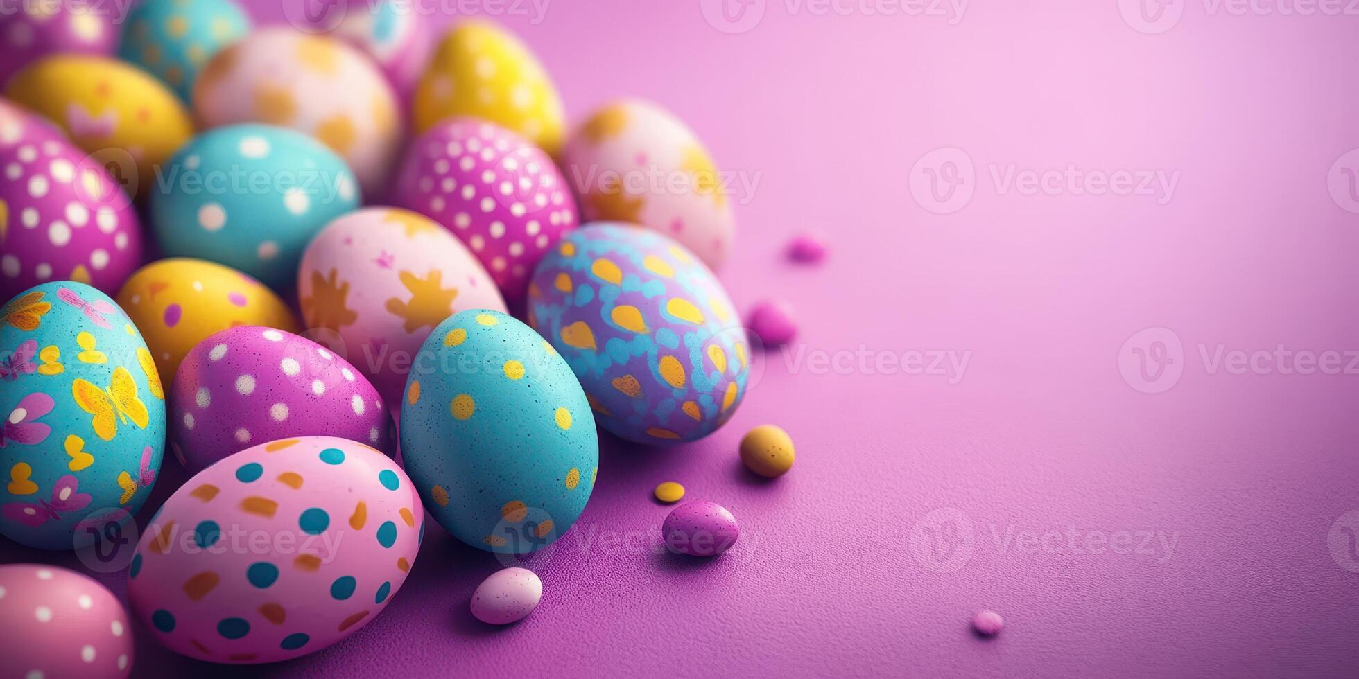 Colorful Easter eggs decorated in vibrant patterns scattered on a pastel purple background during spring festivities photo