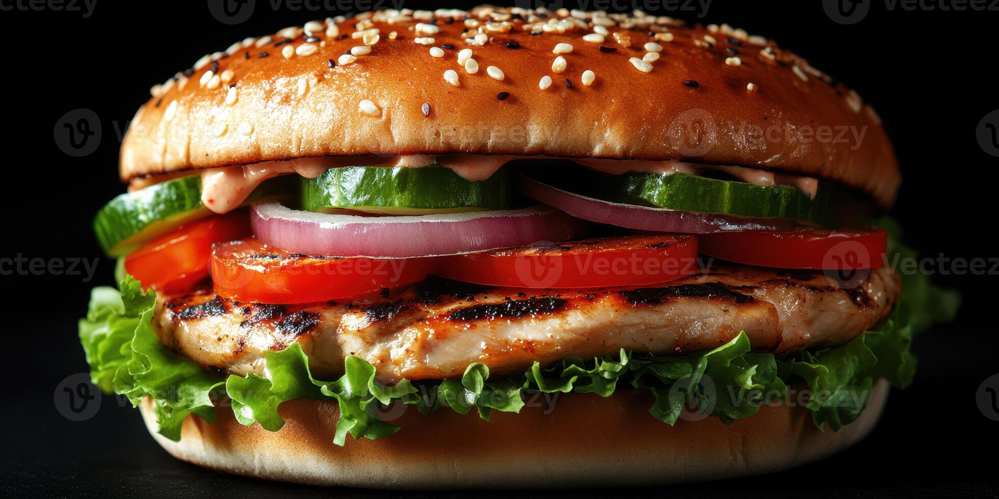 Juicy grilled chicken burger topped with fresh vegetables and special sauce served on a sesame seed bun photo