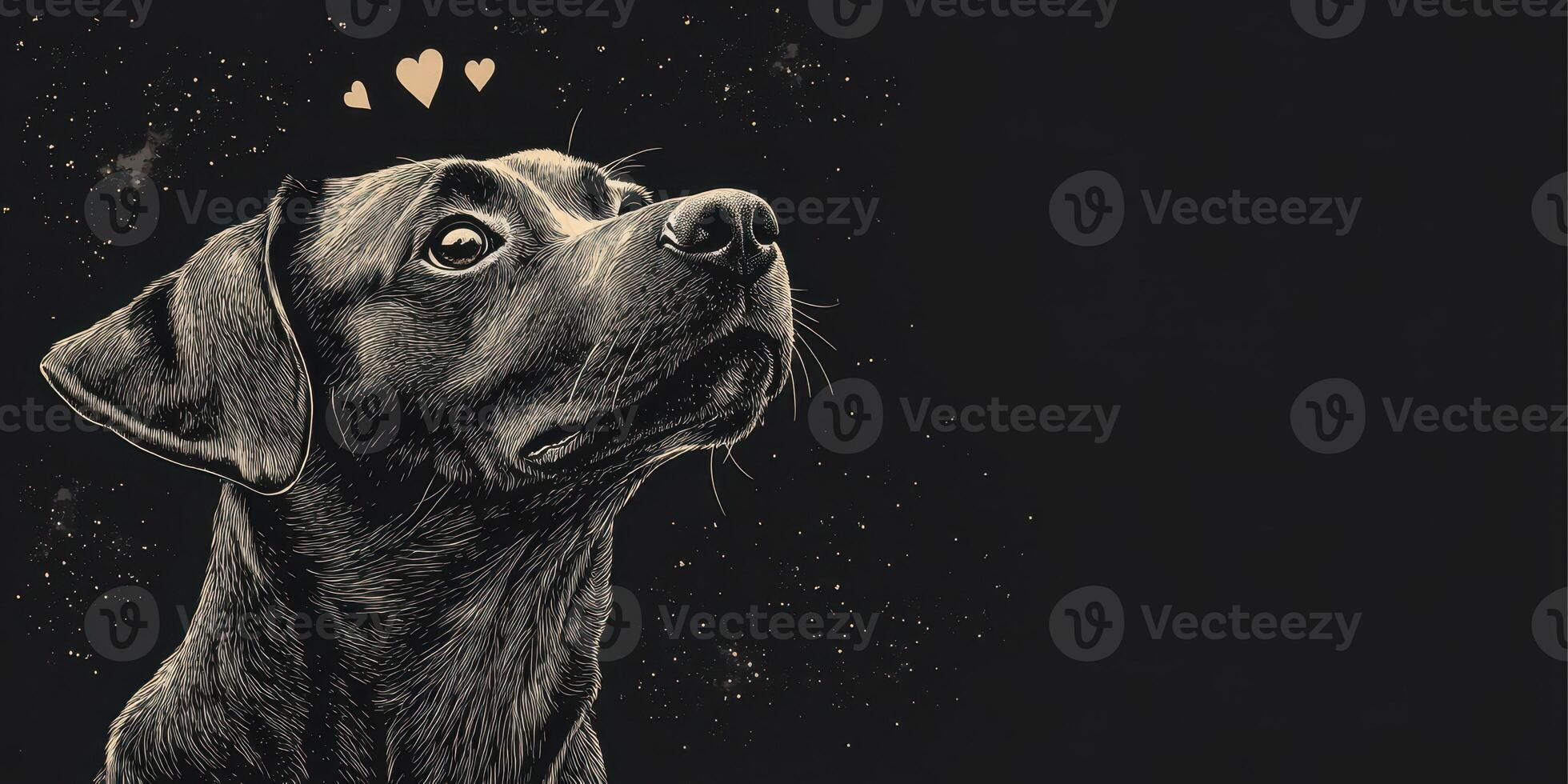 Dog with expressive eyes surrounded by hearts against a dark background photo