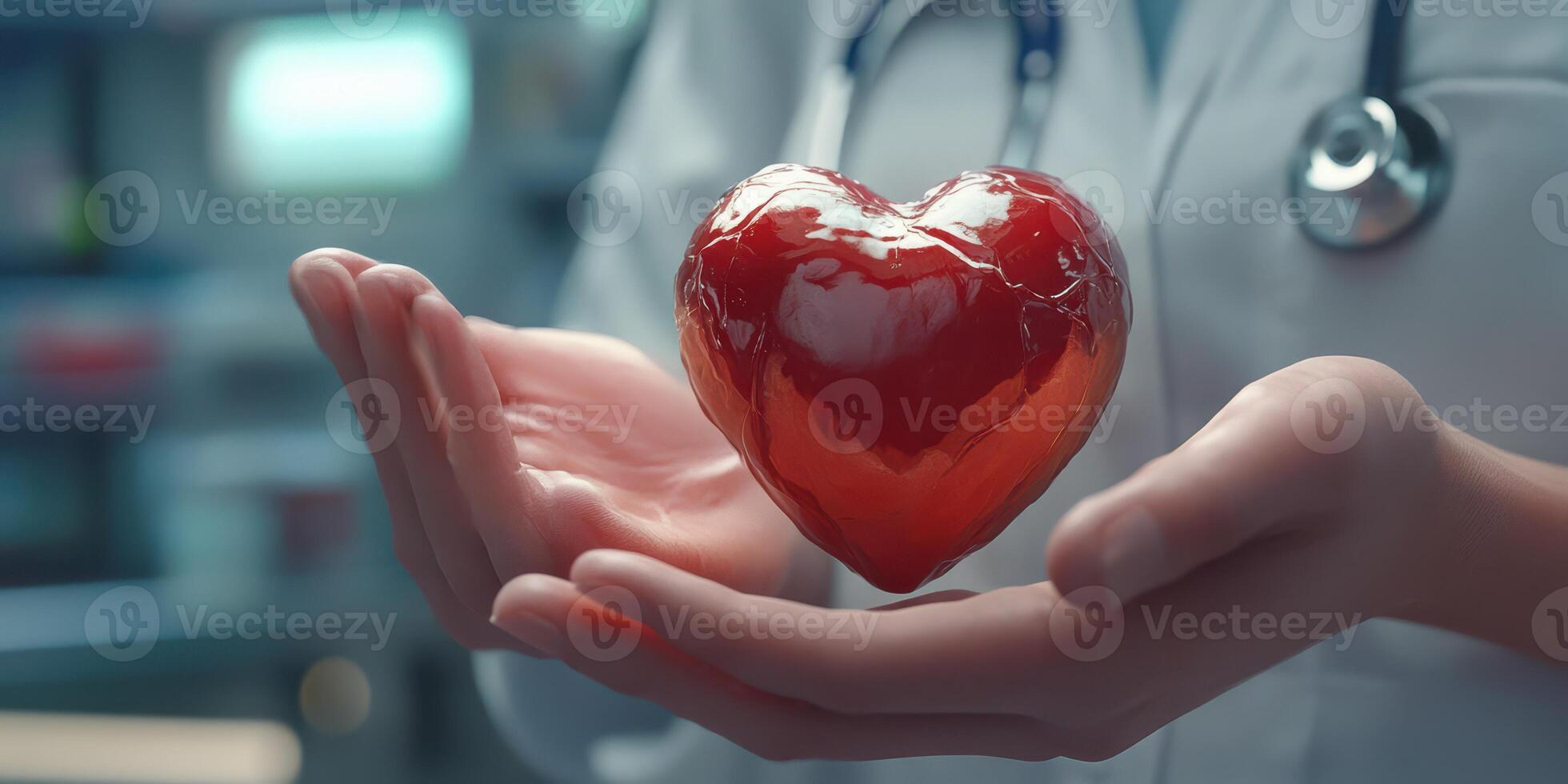 Healthcare professional holds a glossy red heart symbolizing care and compassion in a medical setting photo