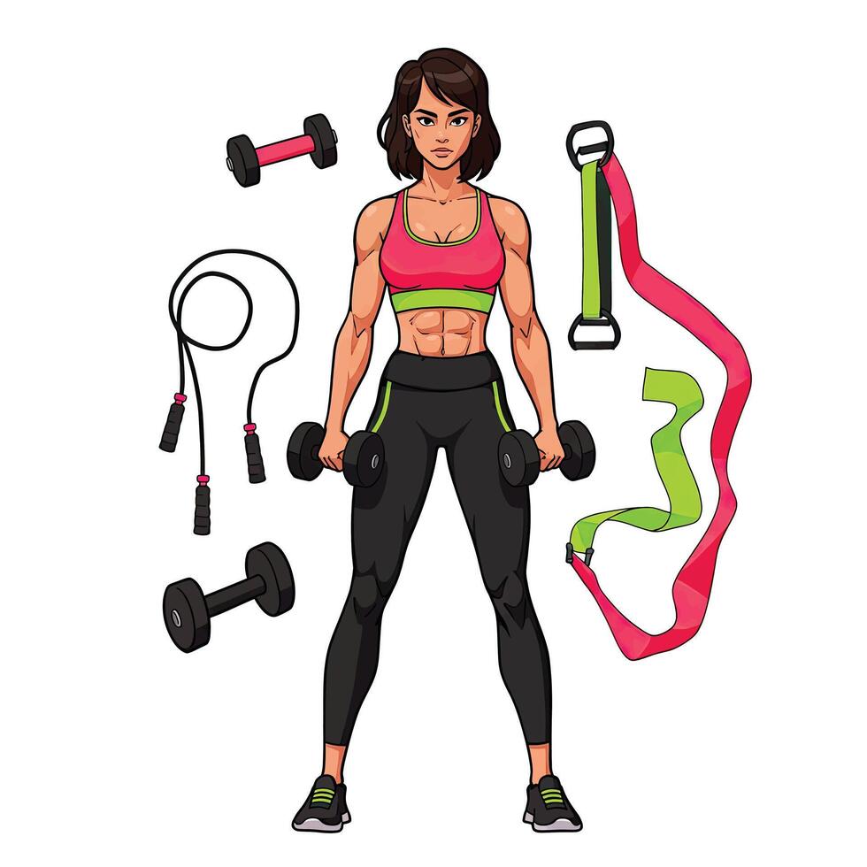 A cartoon woman with dumbbells and other equipment vector