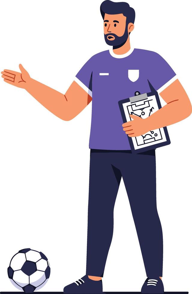 A man in a purple shirt holding a clipboard and pointing to a soccer ball vector