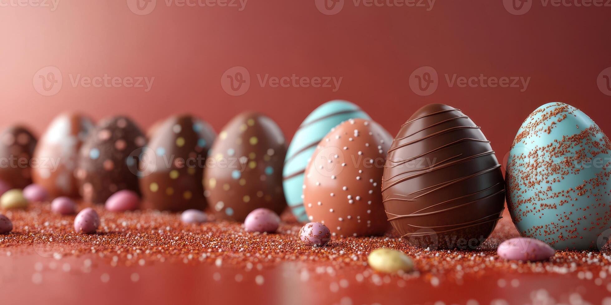 Colorful chocolate eggs arranged on a bright background for a festive celebration during Easter photo
