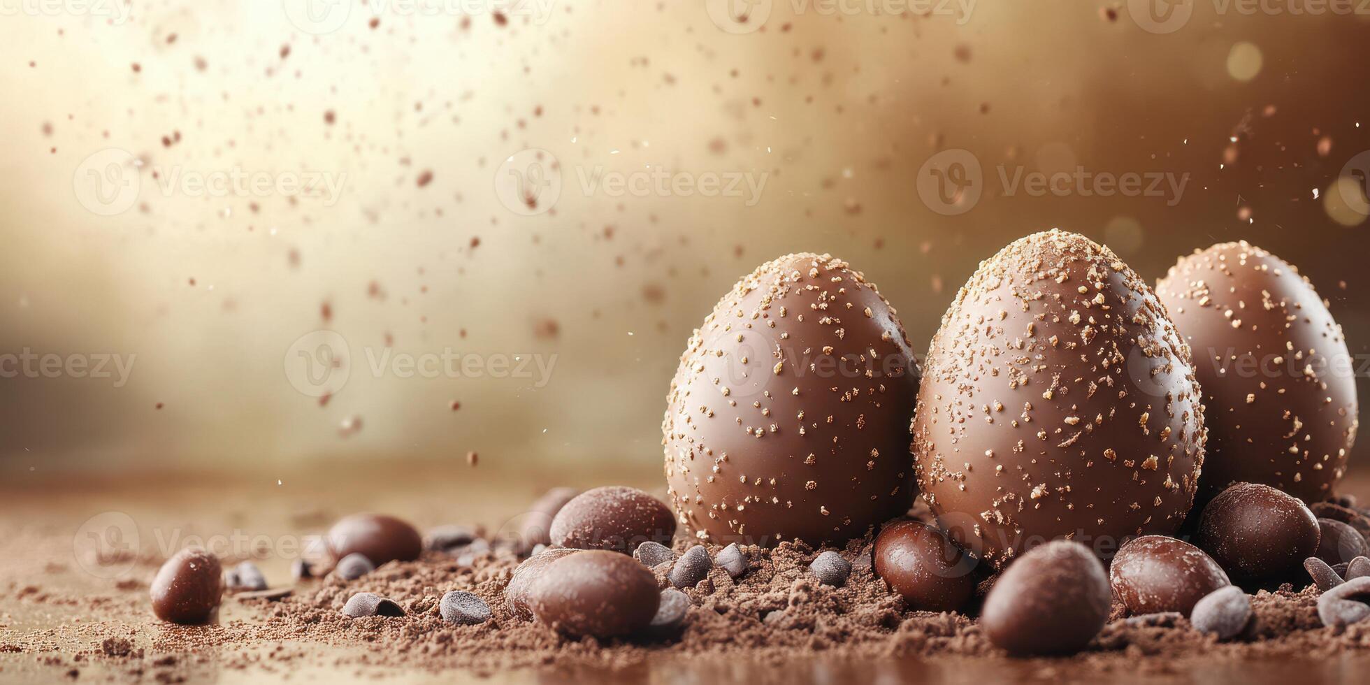 Chocolate eggs surrounded by cocoa powder and chocolate candies on a wooden surface in warm light photo