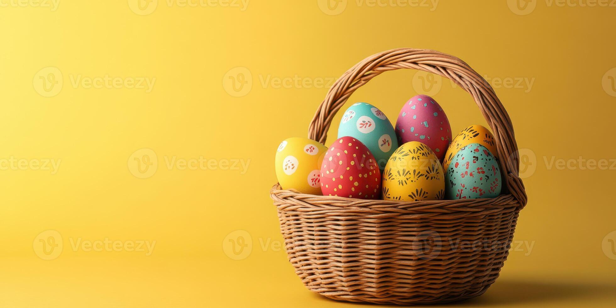 Colorful Easter eggs arranged in a wicker basket against a bright yellow background for spring celebrations photo