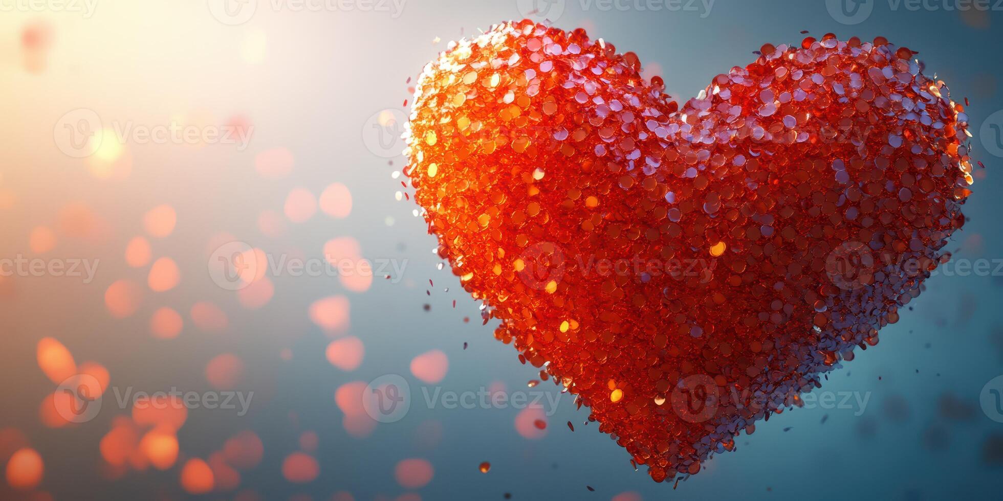Heart made of sparkling red glitter floats in a dreamlike atmosphere with soft lighting and bokeh effect photo