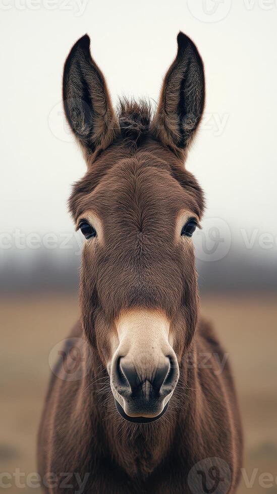 Curious donkey gazes at the camera in a tranquil rural setting on a cloudy day photo