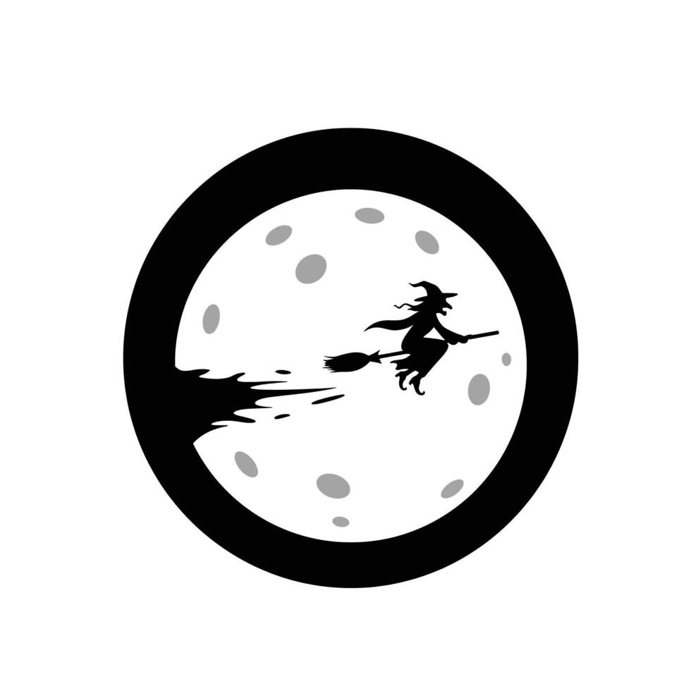A black and white illustration of a witch flying over the moon vector