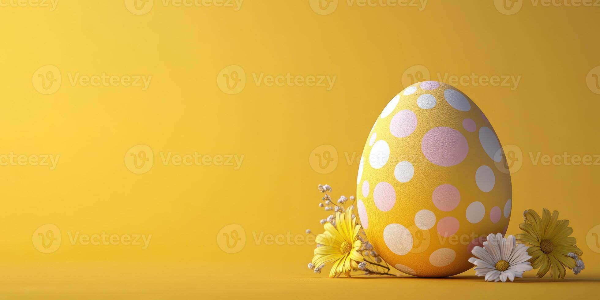 Colorful polka dot Easter egg surrounded by daisies on a bright yellow background photo