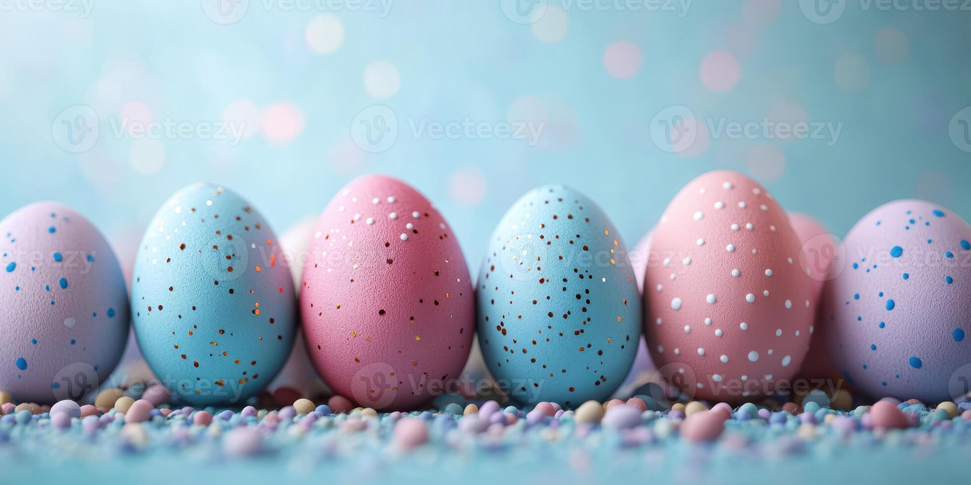 Colorful Easter eggs displayed on a pastel background with sprinkles, creating a festive atmosphere for the holiday celebration photo