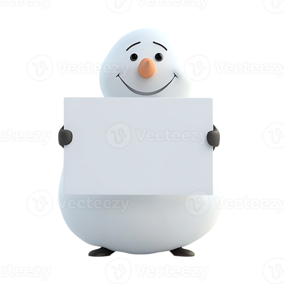3d snowman holding a blank sign on a transparent background png