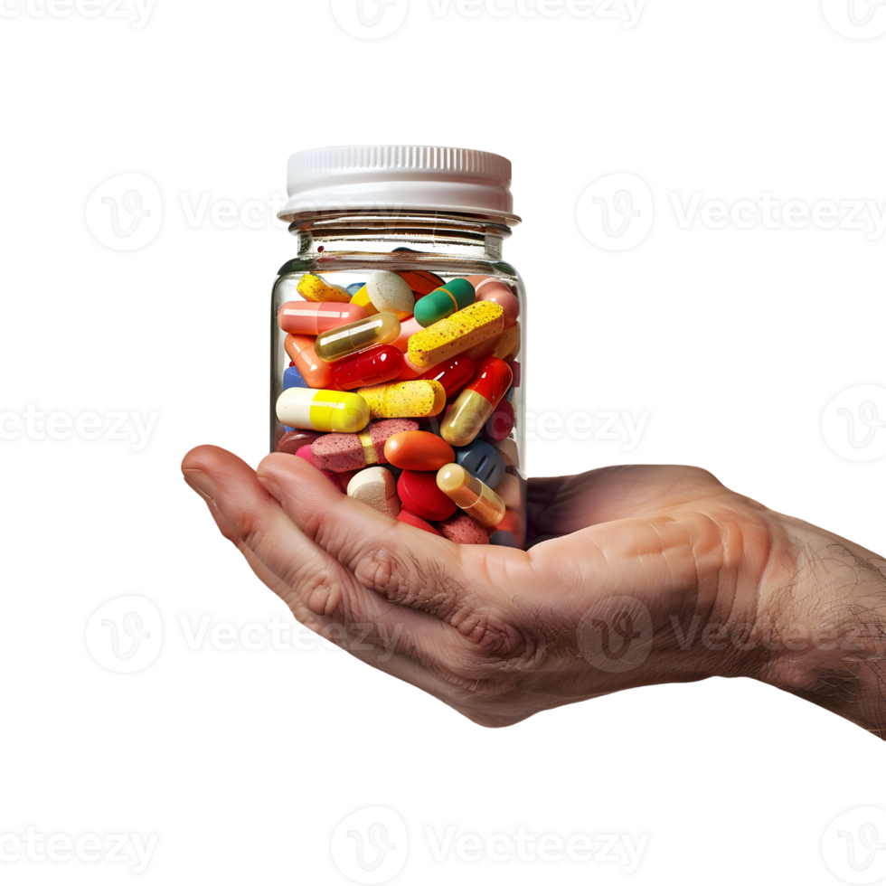 Hand holding a jar full of pills png