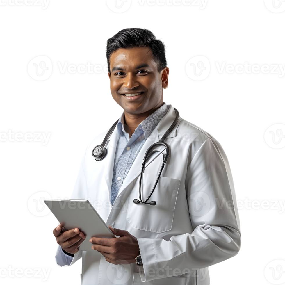 Indian doctor holding tablet png