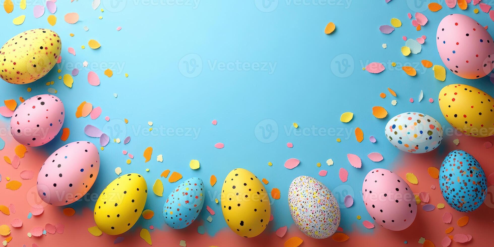 Colorful Easter eggs arranged on a vibrant background with decorative confetti and petals scattered around photo