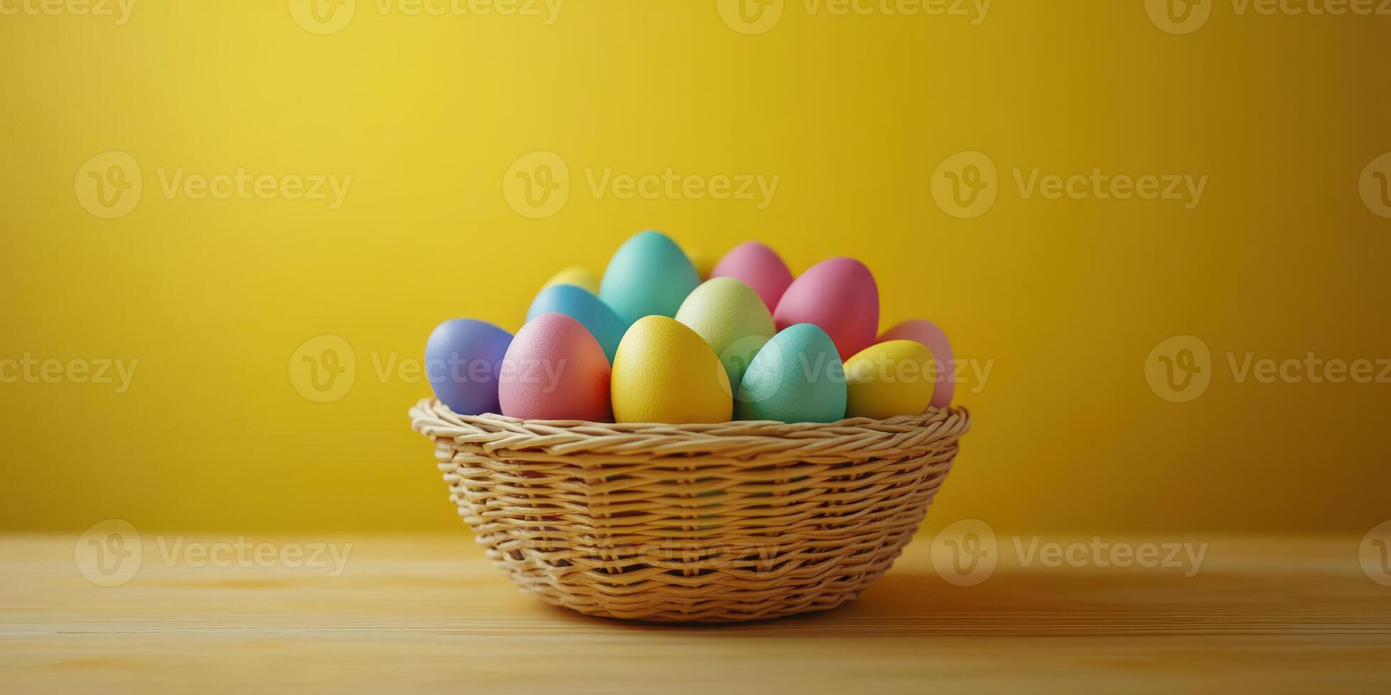 Colorful pastel eggs arranged in a woven basket against a bright yellow background during springtime celebration photo