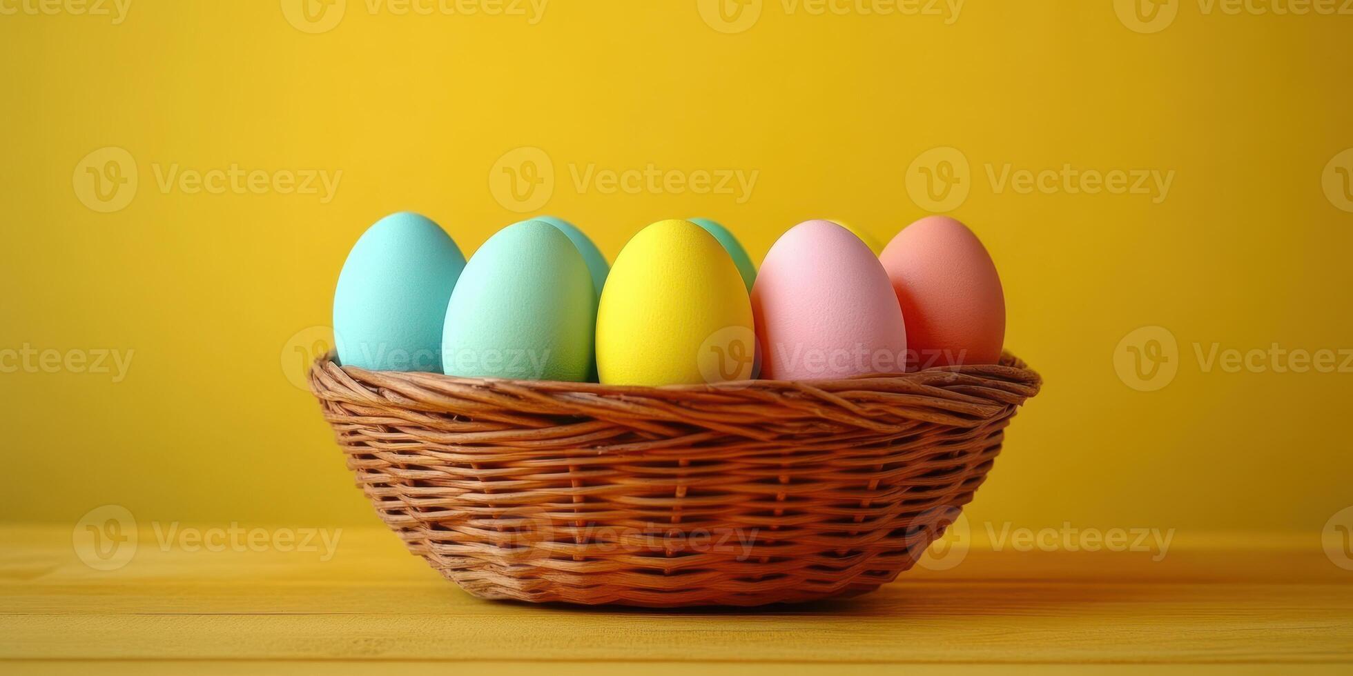 Colorful easter eggs arranged in a woven basket against a bright yellow background photo