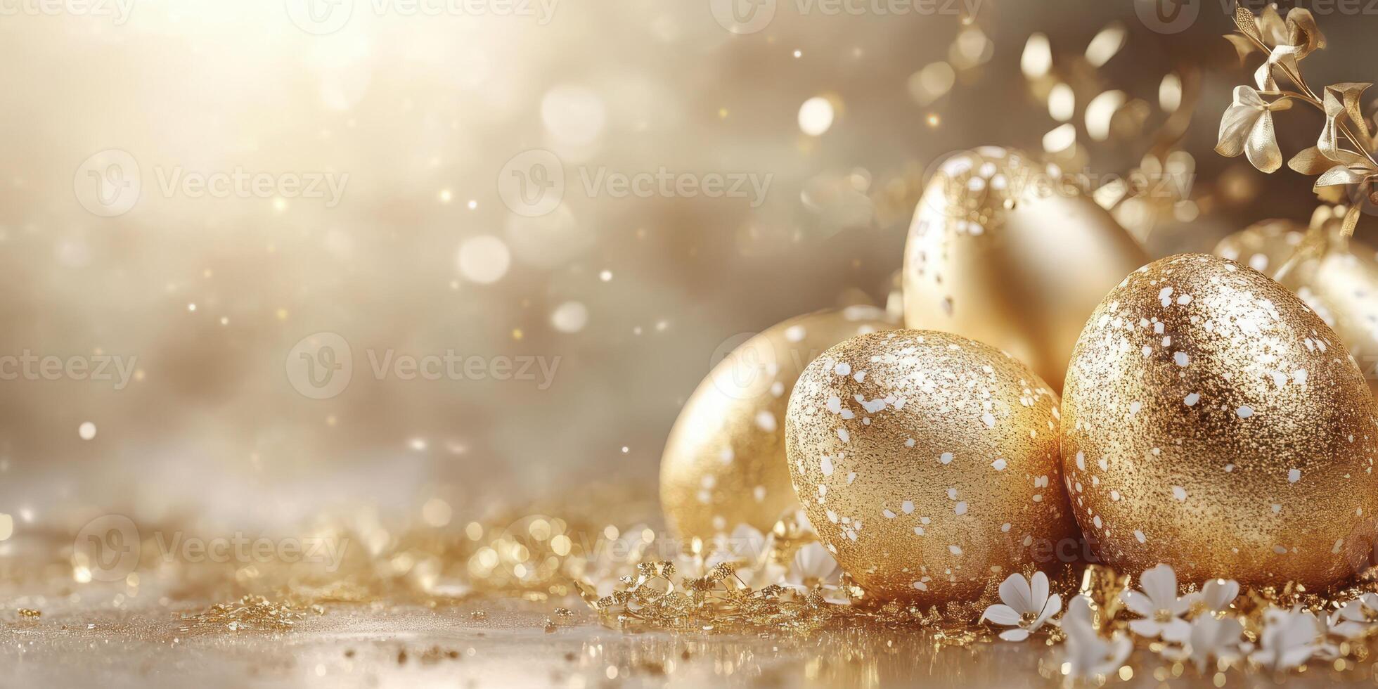 Golden Easter eggs surrounded by sparkling decorations and delicate flowers in soft natural light photo