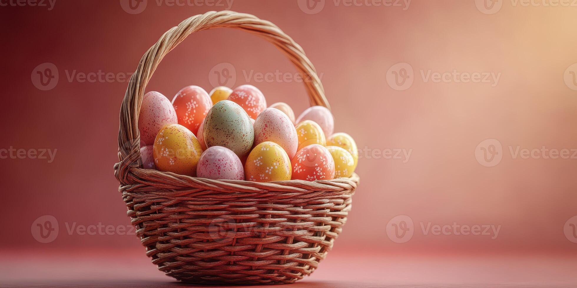 Colorful decorated eggs in a woven basket set against a warm gradient background during spring festivities photo
