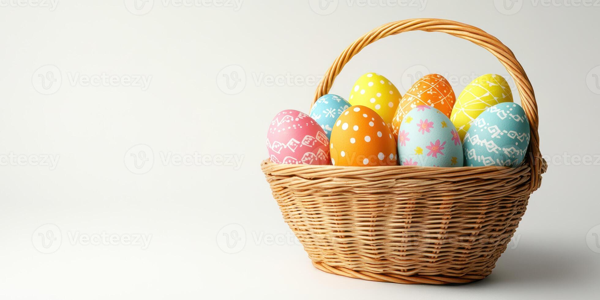 Colorful easter eggs arranged in a wicker basket ready for celebration during spring festivities photo