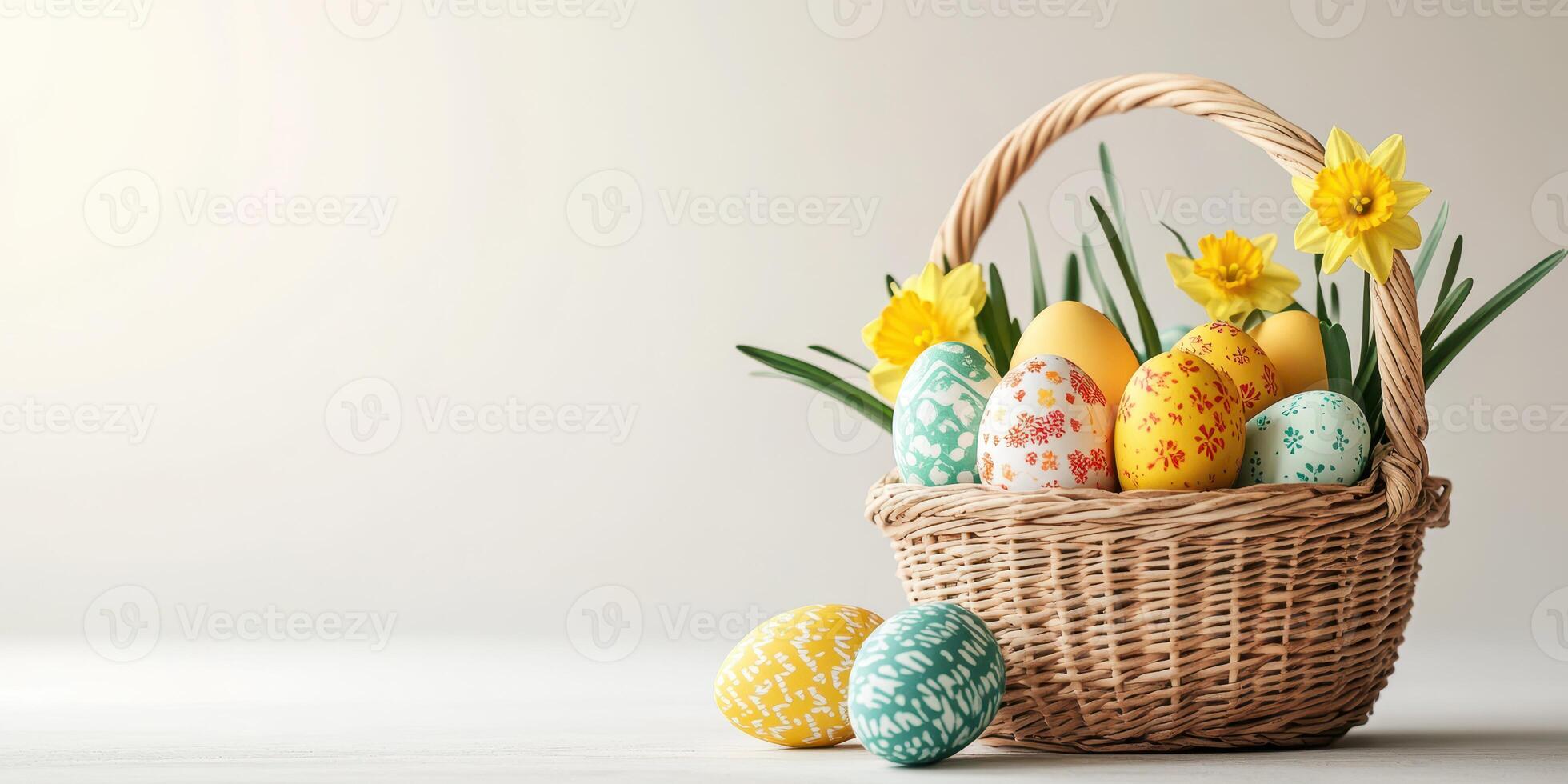 Colorful Easter eggs arranged in a woven basket with fresh daffodils and greenery in a soft setting photo