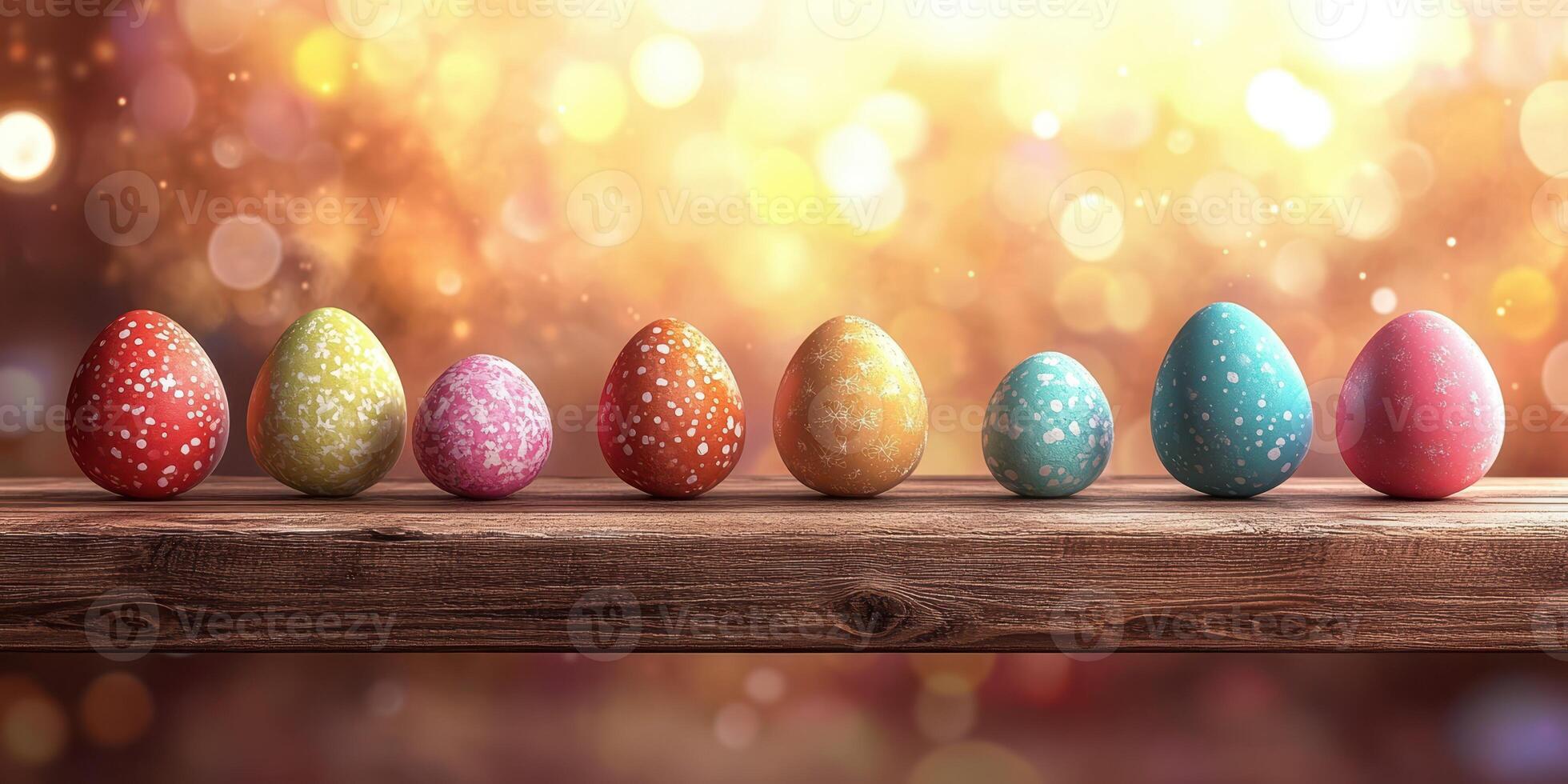 Colorful decorative eggs lined up on wooden shelf against a sparkling backdrop during spring festivities photo