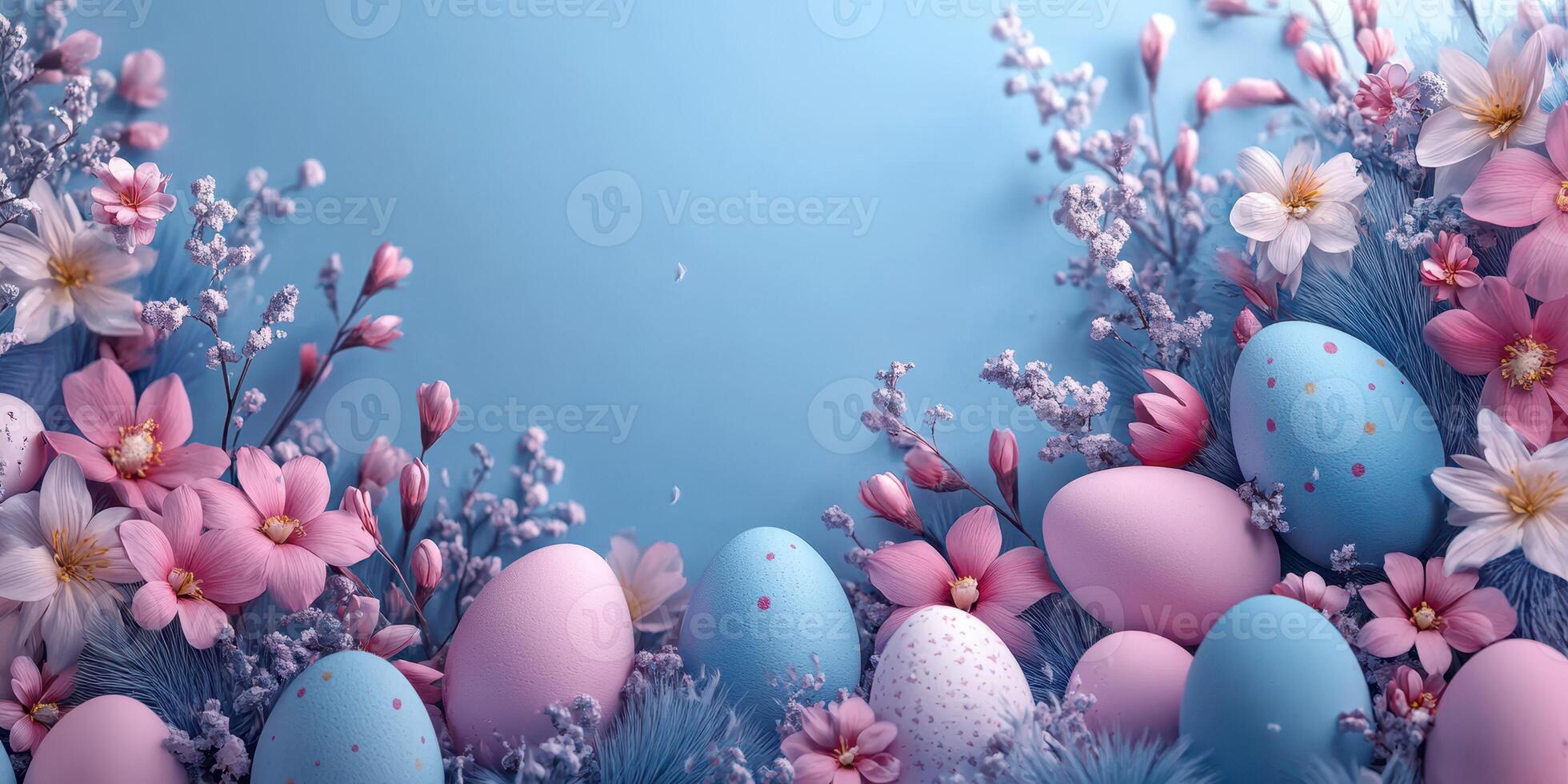 Colorful Easter eggs surrounded by pink and blue flowers in a spring setting photo