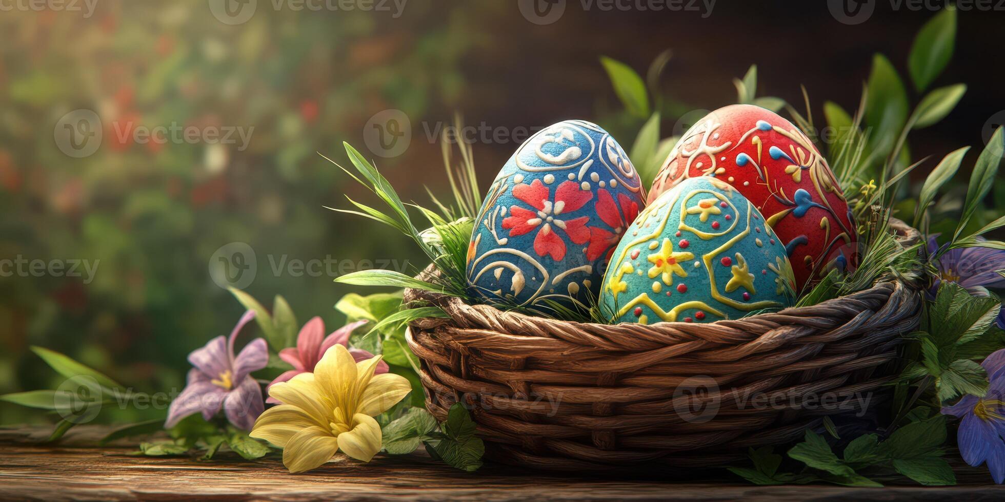 Colorful Easter eggs arranged in a decorative basket surrounded by flowers in a garden setting during springtime photo