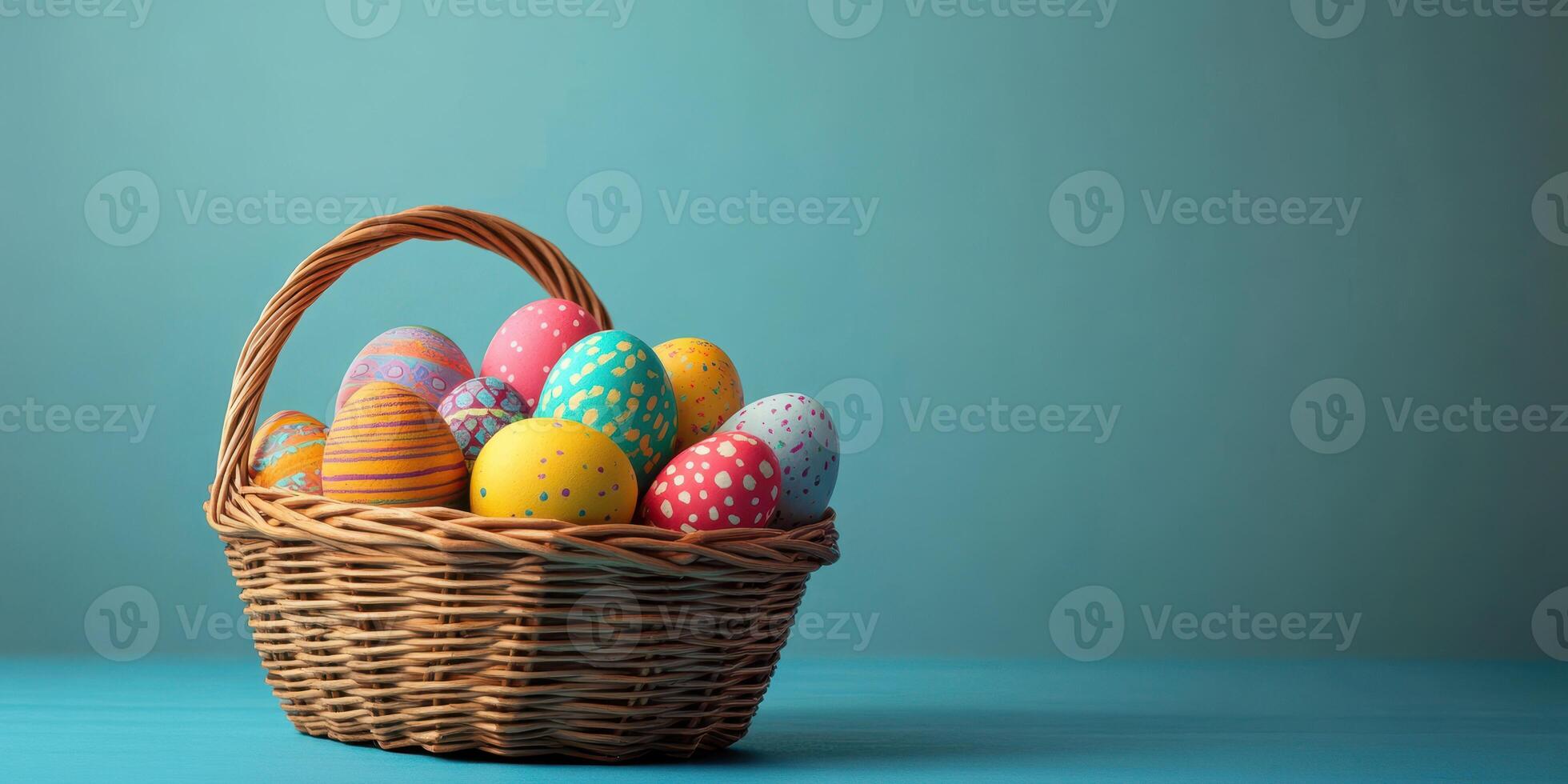 Colorful Easter eggs arranged in a wicker basket on a blue background for spring celebrations and holiday festivities photo