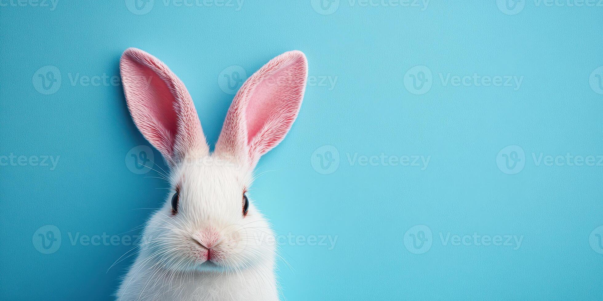 White rabbit with pink ears poses against a blue background highlighting its cute features and soft fur photo