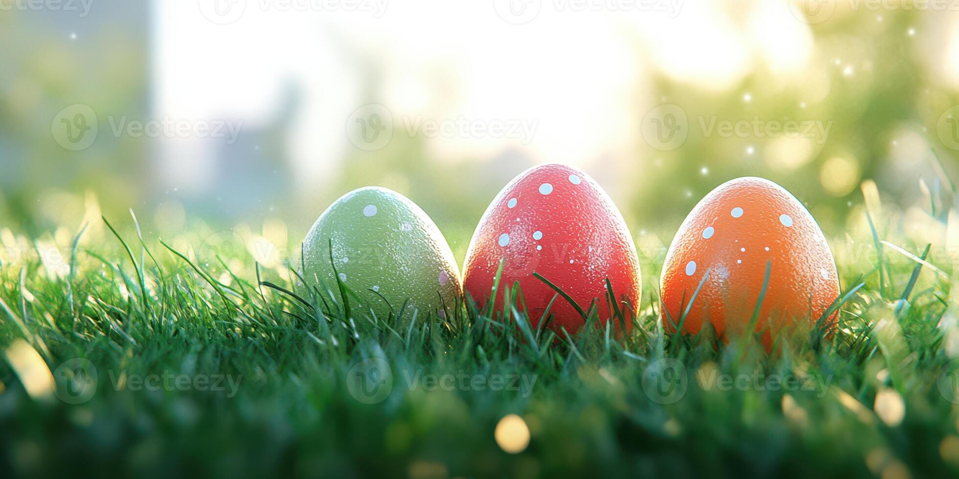 Colorful Easter eggs resting in vibrant green grass during a sunny spring day photo