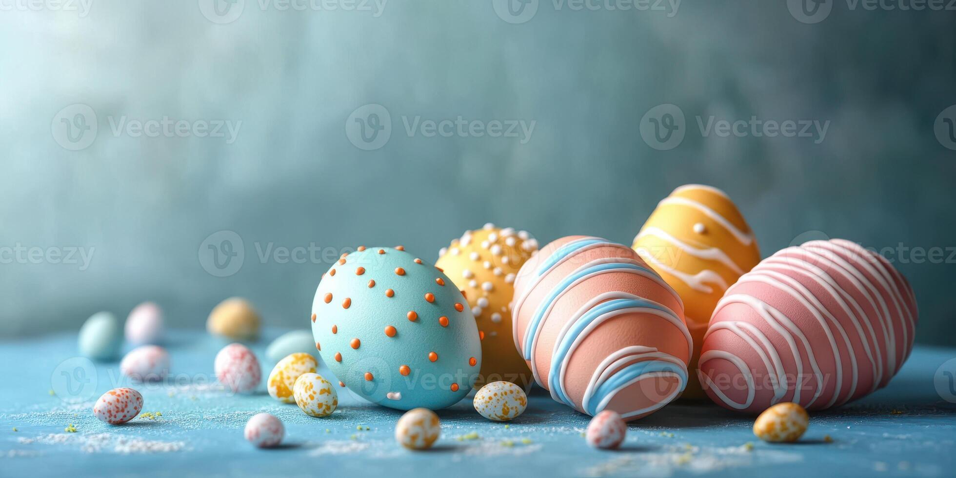 Colorful decorated Easter eggs with various patterns and small candies scattered on a blue surface photo