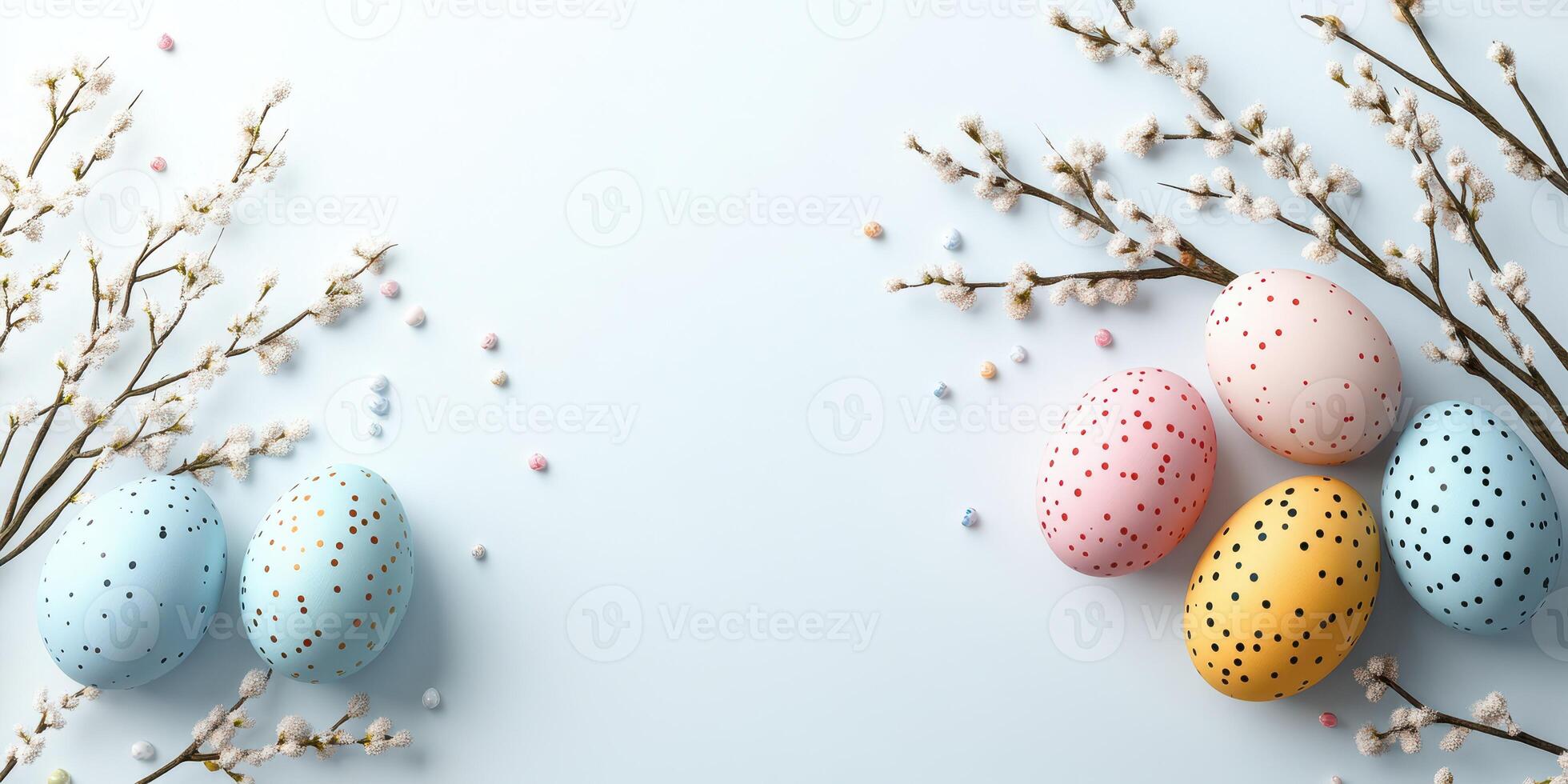 Colorful Easter eggs arranged with floral branches on a soft blue background creating a festive spring atmosphere photo