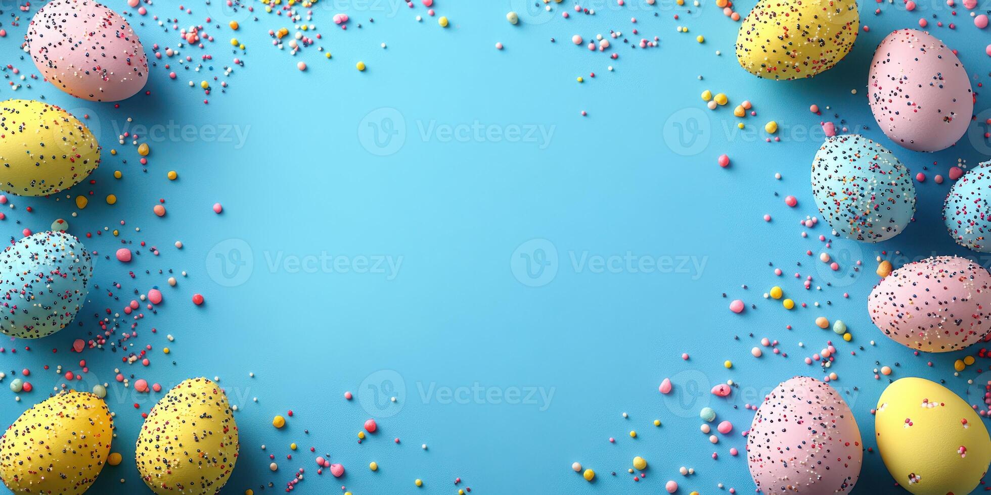 Colorful Easter eggs surrounded by decorative sprinkles on a bright blue background during spring festivities photo