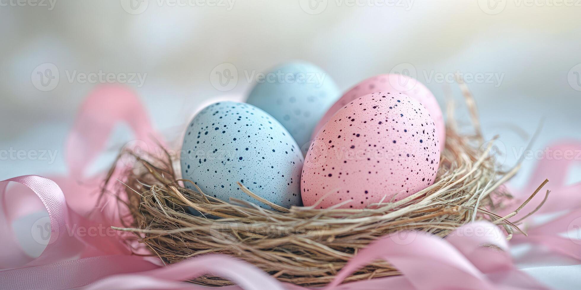Colorful speckled eggs arranged in a rustic nest with soft pink ribbons, perfect for spring celebrations and Easter festivities photo