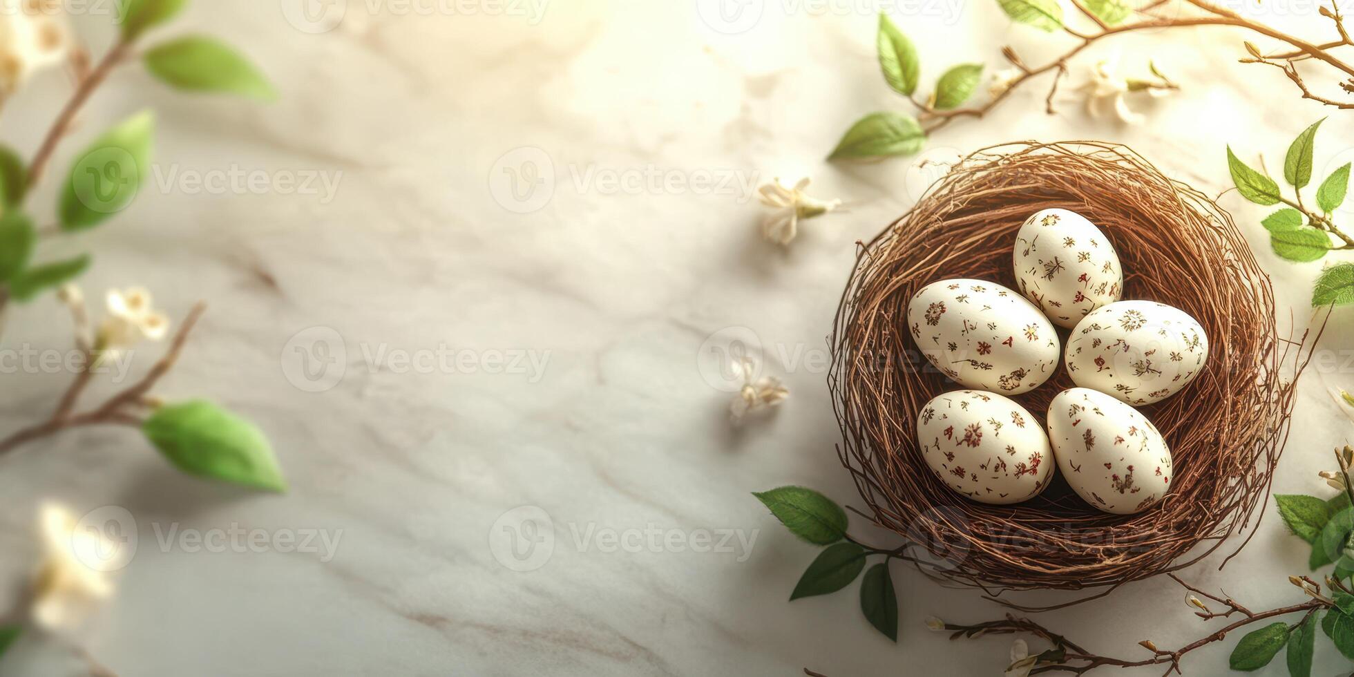 Decorative easter eggs in a natural nest surrounded by greenery on a marble surface photo