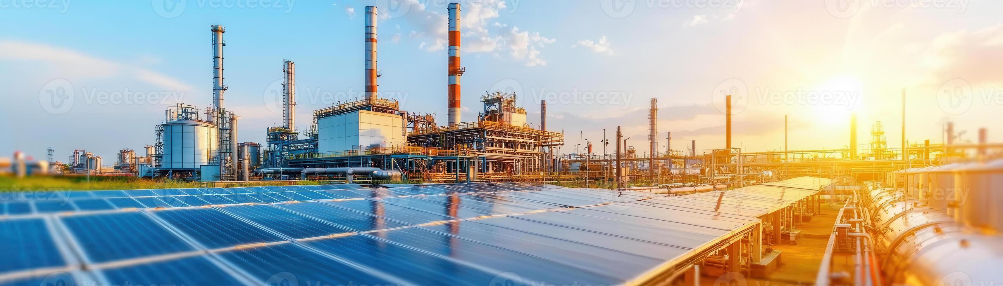 sustainable industrial park featuring solar panels and clean energy sources, showcasing modern technology and environmental responsibility photo