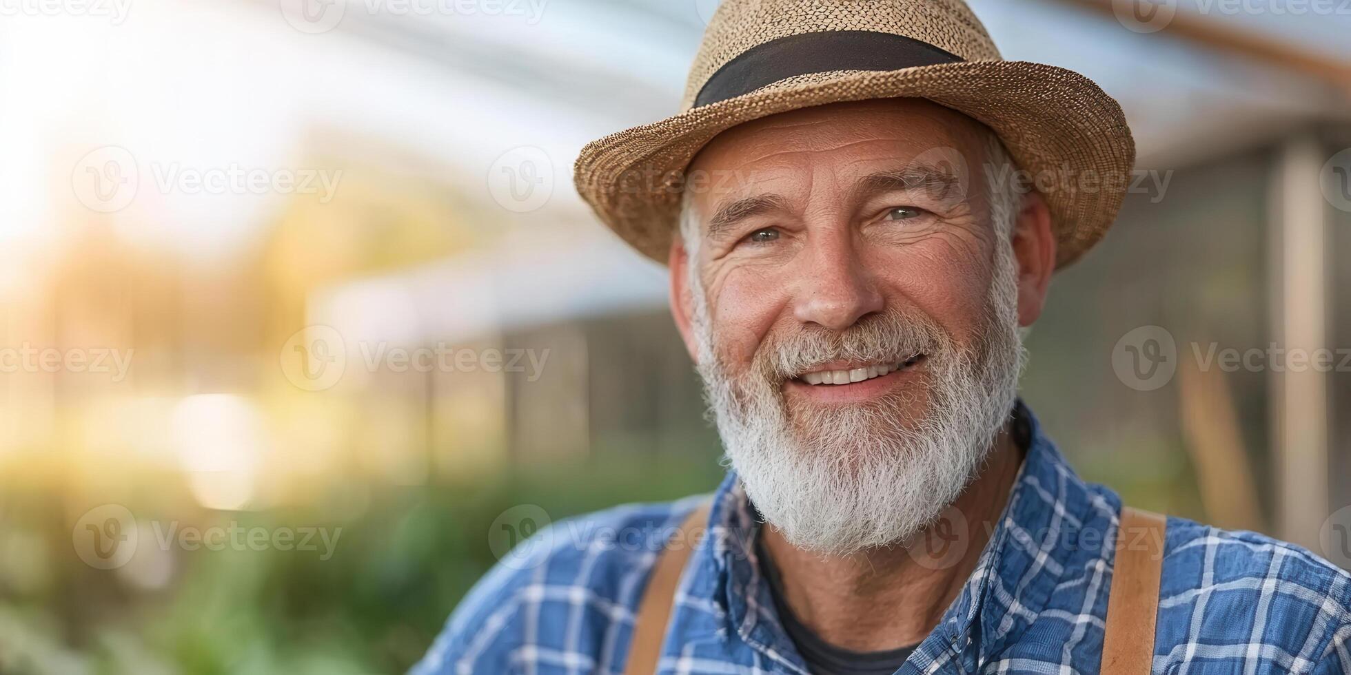 smiling farmer in straw hat, showcasing productive day in garden photo